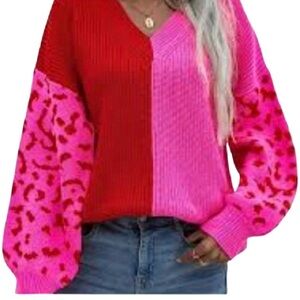 Colorblock Slouch V-Neck Knit Sweater Pullover Red &  Pink Cheetah Print